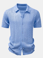 Ensemble aus offen gestricktem Hemd und Leinenhose mit geradem Schnitt