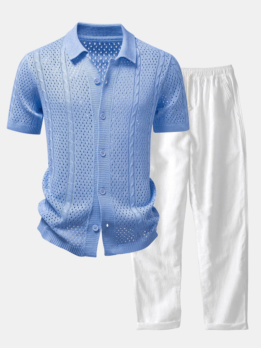 Ensemble aus offen gestricktem Hemd und Leinenhose mit geradem Schnitt