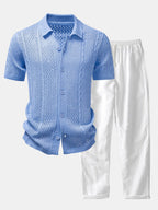 Ensemble aus offen gestricktem Hemd und Leinenhose mit geradem Schnitt