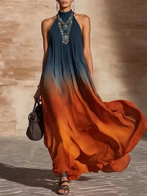Paula | Langes Neckholder-Kleid mit V-Ausschnitt und Farbverlauf